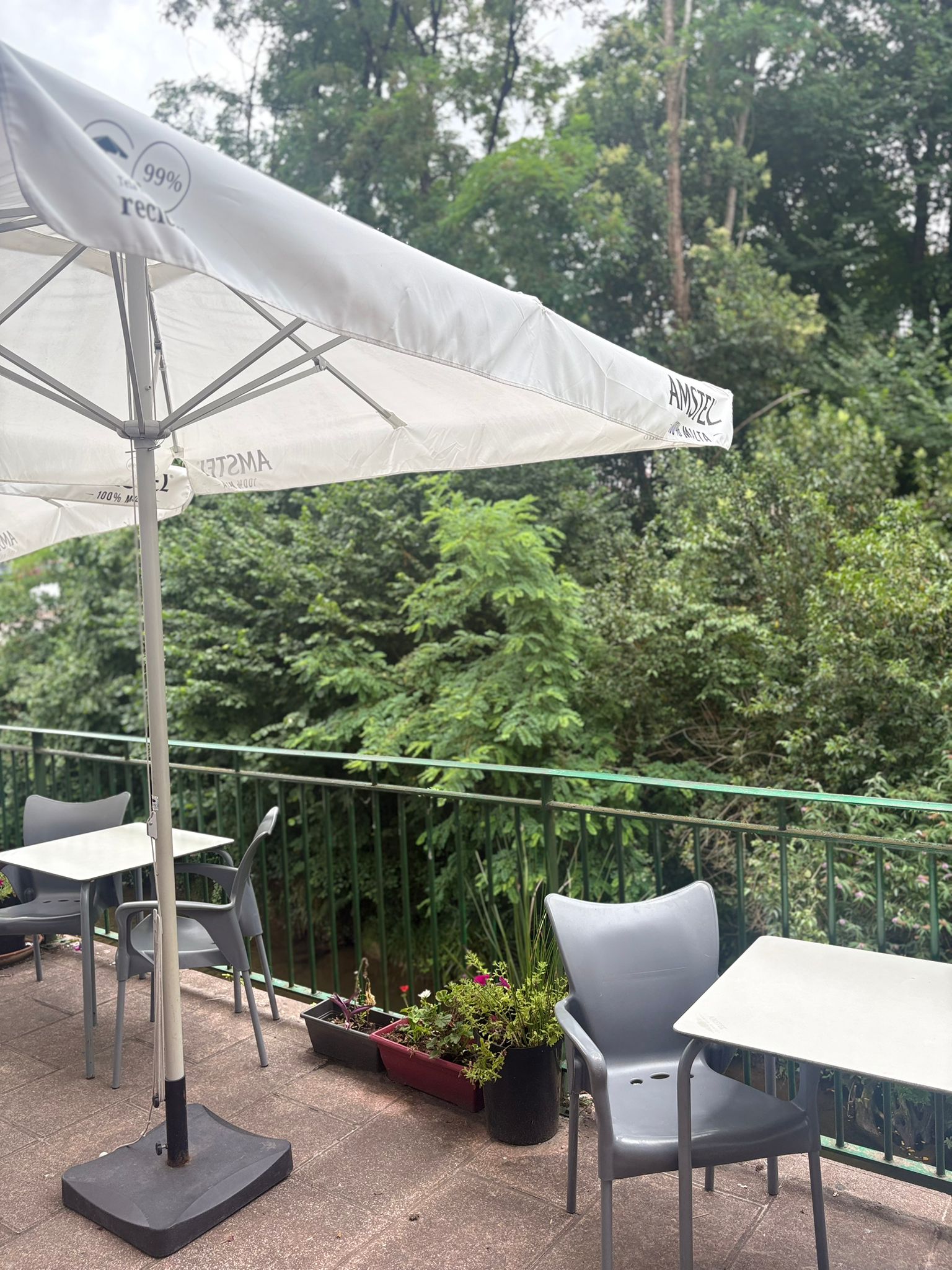 Terraza exterior de Sara Kafetegia con sillas grises, macetas con flores y vistas a la arboleda del río Bidasoa en Bera